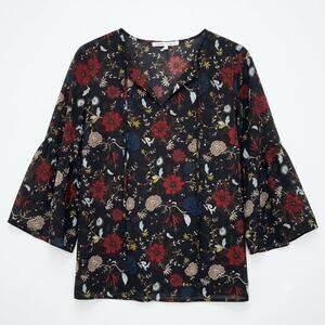 Violet & Claire Floral Bell Sleeve Peasant Tunic Blouse Black Womens Small